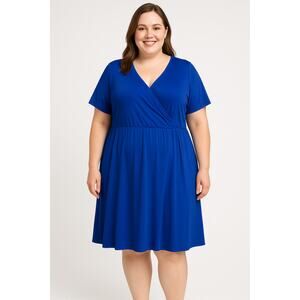 Susan Graver Women's Royal Blue Faux Wrap Short Sleeve Dress Size 3X NWOT